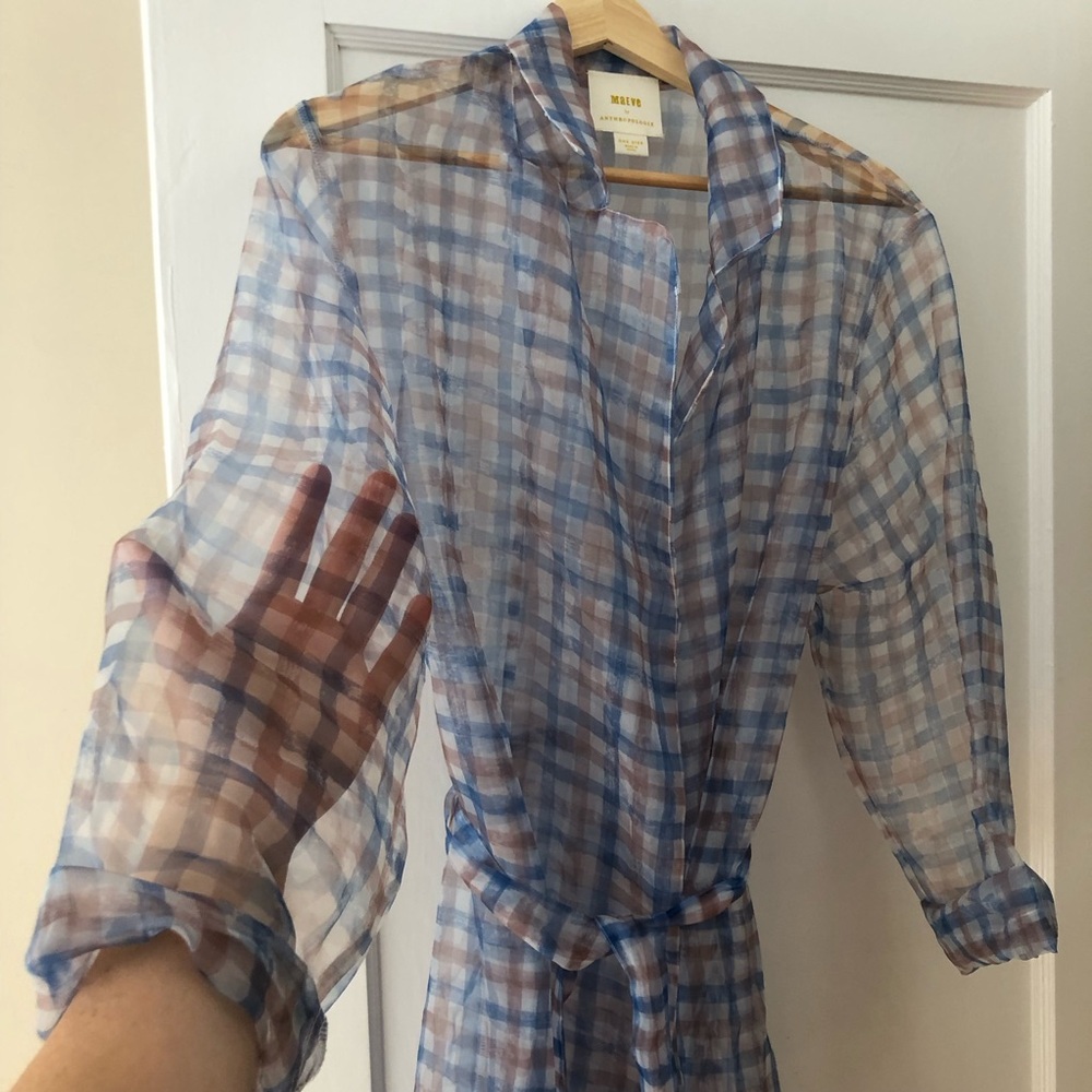 Anthropologie Sheer Plaid Wrap Tunic in Blue and Beige - Picture 3 of 8